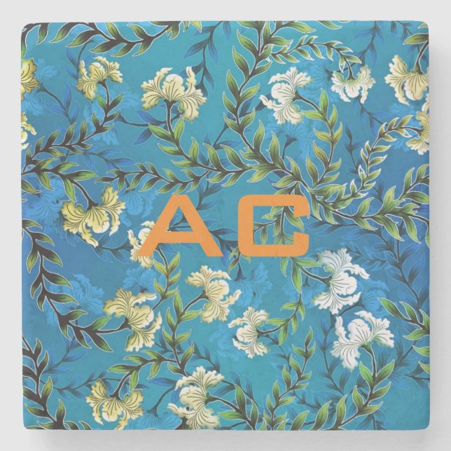 Dessous-de-verre En Pierre Moderne Monogramme Bleu Floral Chic (Devant)