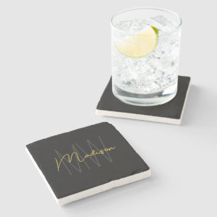 Dessous-de-verre En Pierre Moderne Monogramme Nom Script Noir Or