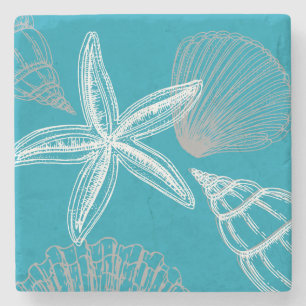 Dessous-de-verre En Pierre Moderne Seashell Beach House Aqua Blue Starfish