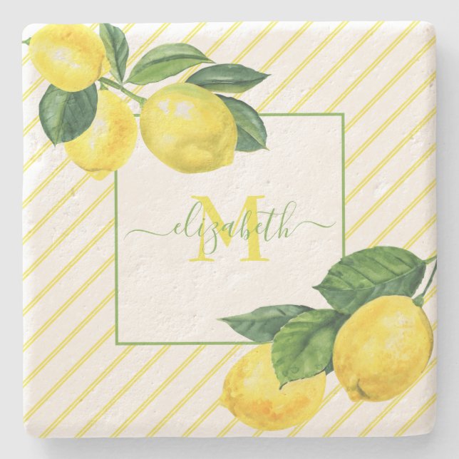 Dessous-de-verre En Pierre Monogram citrons aquarelle rayures pays rustique (Devant)