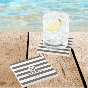 Dessous-de-verre En Pierre Monogram Navy Strips Nom de famille Beach House