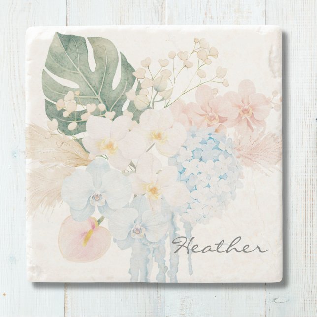 Dessous-de-verre En Pierre Monogram Watercolor Tropical Flower Bouquet Floral (Créateur téléchargé)