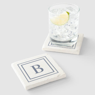 Dessous-de-verre En Pierre Monogramme à bordure carrée bleu marine et blanc