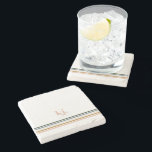 Dessous-de-verre En Pierre Monogramme à rayures rétro chic<br><div class="desc">Un design minimaliste monogramme avec de grandes initiales typographiques dans une police classique avec votre nom ci-dessous et des rayures chic rétro couleur arc-en-ciel. Pourquoi ne pas le rendre personnel avec un cadeau monogramme unique pour la famille et les amis? Utilisez ces dessous de verre autour de votre maison pour...</div>