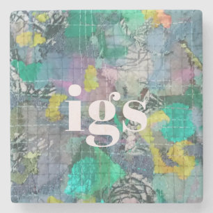 Dessous-de-verre En Pierre Monogramme abstrait motif vert bleu gris nature