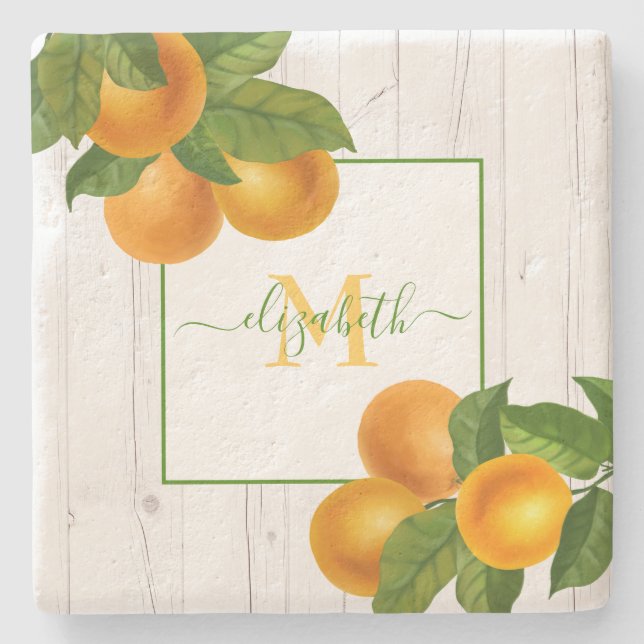 Dessous-de-verre En Pierre Monogramme agrumes oranges aquarelle bois rustique (Devant)