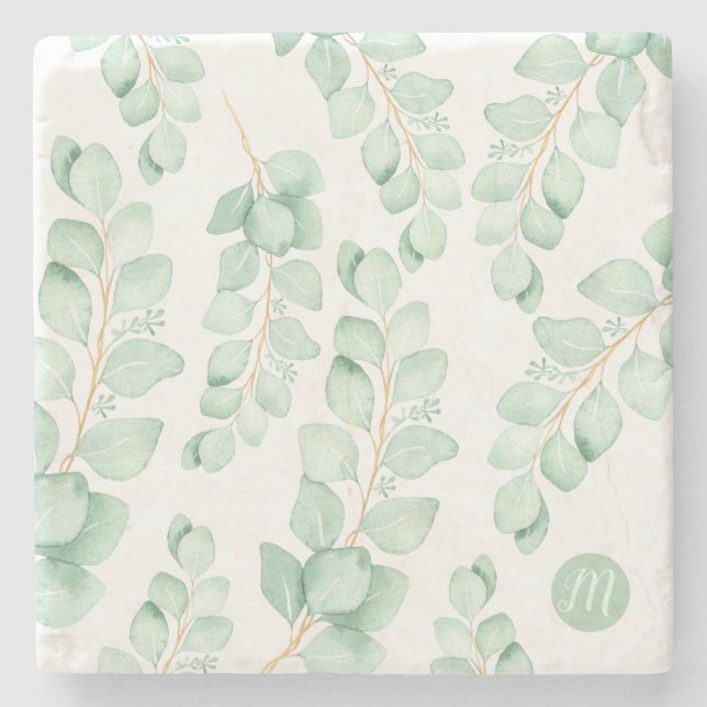 Dessous-de-verre En Pierre Monogramme Beau Motif d'Eucalyptus vert Sage (Devant)