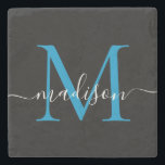 Dessous-de-verre En Pierre Monogramme bleu noir moderne Nom du script féminin<br><div class="desc">Élégant Monogramme bleu vif de l'océan noir Nom du script féminin Dessous de verre de pierre</div>
