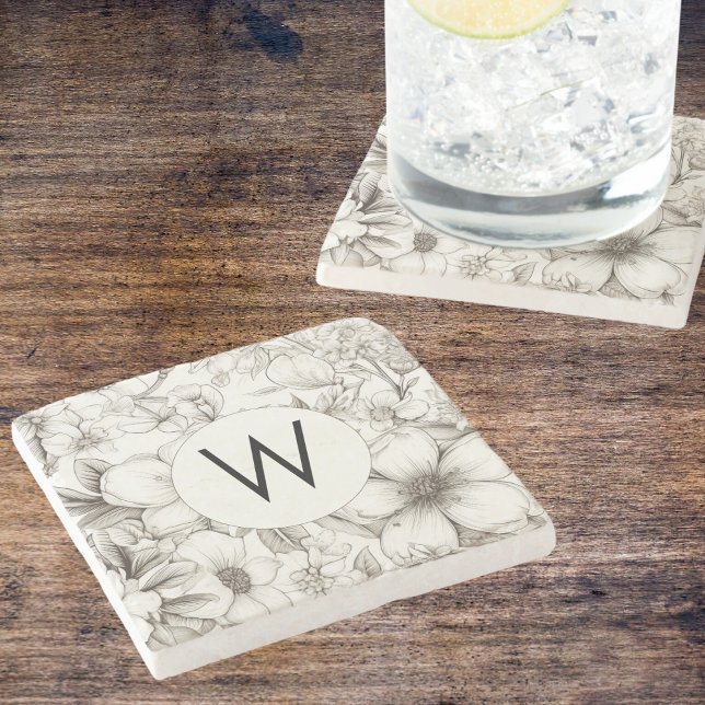 Dessous-de-verre En Pierre Monogramme Blooms Moderne  (Créateur téléchargé)