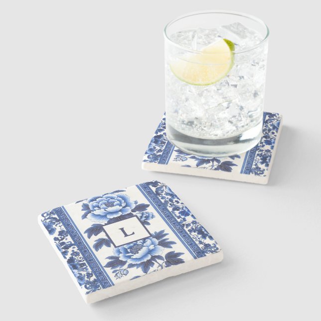Dessous-de-verre En Pierre Monogramme Chinoiserie Bleue  (Côté)