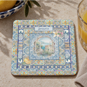 Dessous-de-verre En Pierre Monogramme Citron de Majolique Italienne Bleu d'Ét