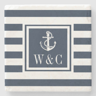 Dessous-de-verre En Pierre Monogramme d'ancre nautique rayure bleu marine