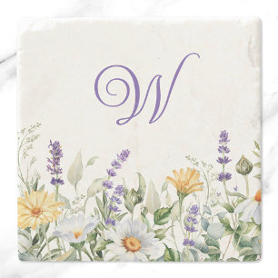 Dessous-de-verre En Pierre Monogramme de bordure aquarelle de fleurs sauvages