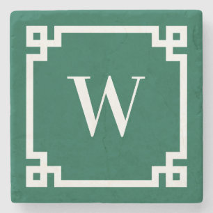 Dessous-de-verre En Pierre Monogramme de bordure clé grecque verte et blanche