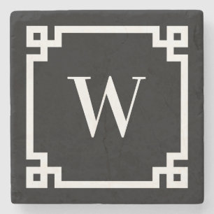 Dessous-de-verre En Pierre Monogramme de bordure grecque clé noir et blanc