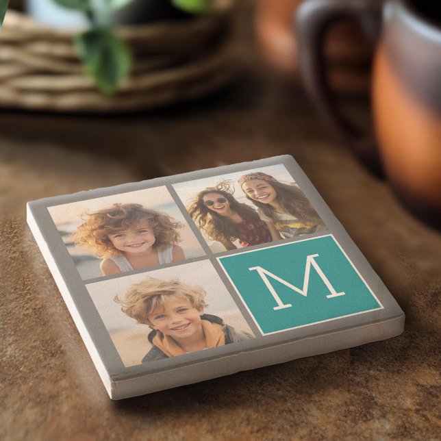 Dessous-de-verre En Pierre Monogramme de collection de photos Turquoise et gr (Custom Stone Coaster)