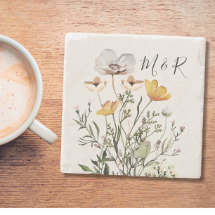 Dessous-de-verre En Pierre Monogramme de couple personnalisé Fleur sauvage sé