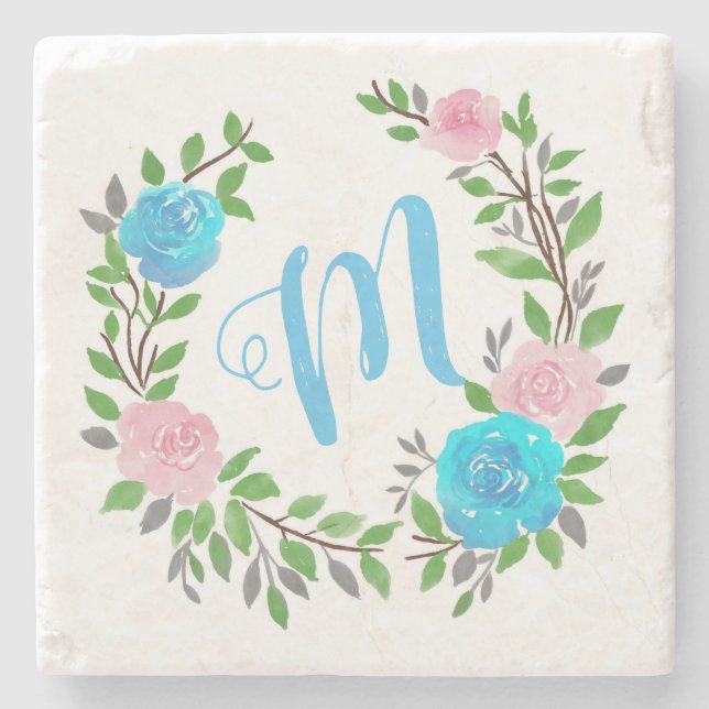 Dessous-de-verre En Pierre Monogramme de couronne florale (Devant)