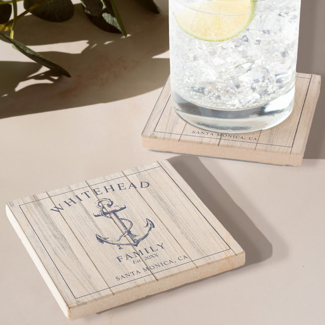 Dessous-de-verre En Pierre Monogramme de famille d'Ancres nautiques (Stone Coaster with Rustic Wood Design adorned with a Nautical Anchor and Monogram)