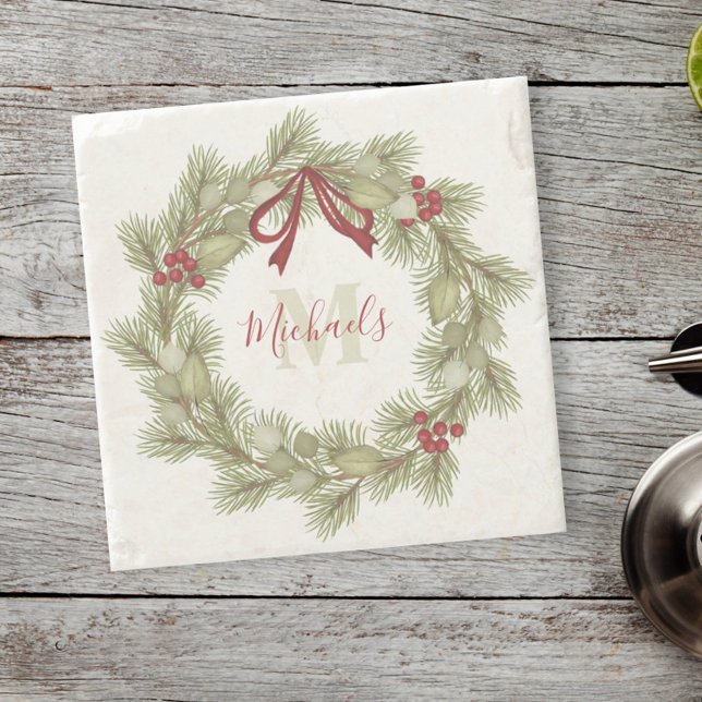 Dessous-de-verre En Pierre Monogramme de la couronne botanique de Noël Red Ho (Créateur téléchargé)