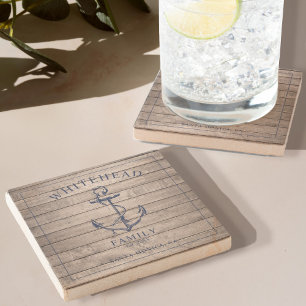 Dessous-de-verre En Pierre Monogramme de la famille d'ancre en bois nautique