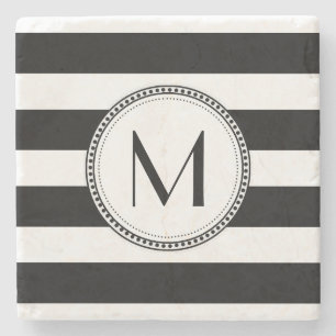 Dessous-de-verre En Pierre Monogramme de motif de rayures de blanc du noir  