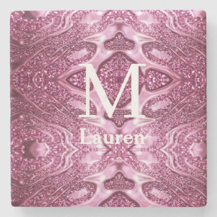 Dessous-de-verre En Pierre monogramme de nom girly abstrait métallisé rose