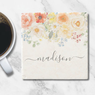Dessous-de-verre En Pierre Monogramme de nom personnalisé Aquarelle Floral So