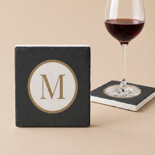 Dessous-de-verre En Pierre Monogramme de sceau central personnalisé noir et o