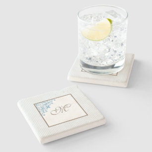 Dessous-de-verre En Pierre Monogramme de script à rayures bleu français Fleur