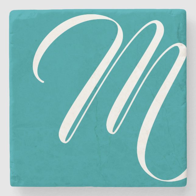 Dessous-de-verre En Pierre Monogramme De Script Turquoise Et Blanc Moderne (Devant)