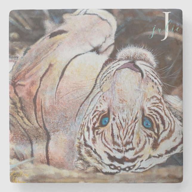 Dessous-de-verre En Pierre Monogramme de tigre blanc acrylique coloré (Devant)
