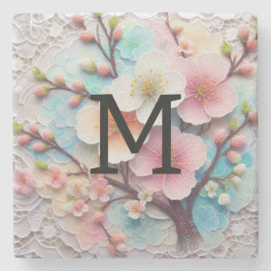 Dessous-de-verre En Pierre Monogramme dentelle rose pastel fleurs de cerisier