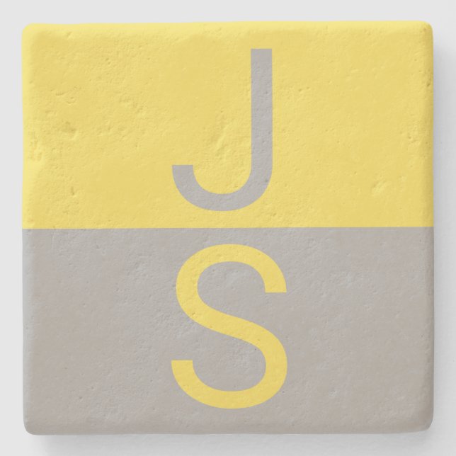 Dessous-de-verre En Pierre Monogramme d'initiales modernes jaune et gris (Devant)