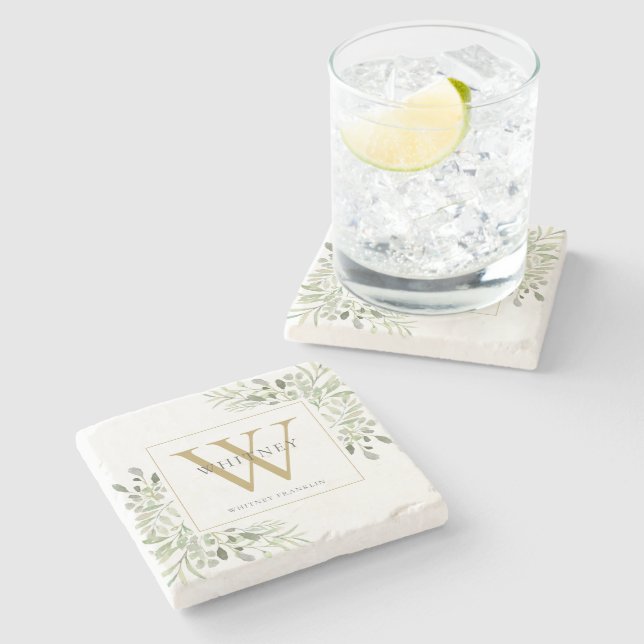 Dessous-de-verre En Pierre Monogramme doré Greenery Chic (Côté)