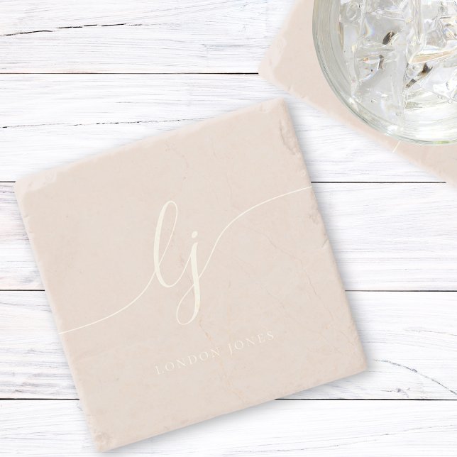 Dessous-de-verre En Pierre Monogramme Dusty Rose rose Simple Élégant Script (Créateur téléchargé)