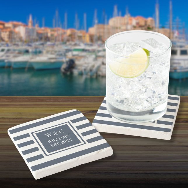 Dessous-de-verre En Pierre Monogramme élégant bleu marine et rayure blanche (Stylish Monogram Navy Blue White Stripe Stone Coaster)