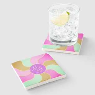 Dessous-de-verre En Pierre Monogramme Élégant Purple Vert Rétro Vagues Soleil