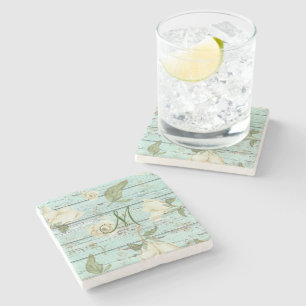 Dessous-de-verre En Pierre Monogramme en bois vert vieilli avec des magnolias