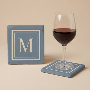 Dessous-de-verre En Pierre Monogramme encadré bleu personnalisé et vanille