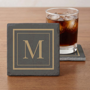 Dessous-de-verre En Pierre Monogramme encadré noir et or personnalisé