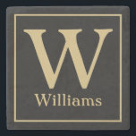 Dessous-de-verre En Pierre MONOGRAMME et nom de famille en noir<br><div class="desc">Customisez avec votre monogramme familial et votre nom de famille ci-dessous en lettres d'or chic sur un arrière - plan noir. Changez les couleurs à n'importe quoi pour s'adapter à votre décor de maison ou donnez comme cadeau mariage. cadeau d'anniversaire,  cadeau de fiançailles,  cadeau d'hôtesse et plus encore.</div>