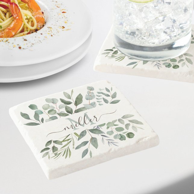 Dessous-de-verre En Pierre Monogramme feuilles de verdure d'eucalyptus vert s (In situ)