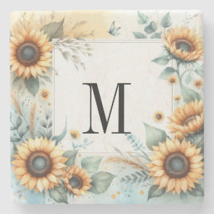 Dessous-de-verre En Pierre Monogramme Fleurs de chute et fleurs de soleil aqu