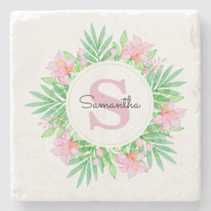 Dessous-de-verre En Pierre Monogramme floral aquarelle rose