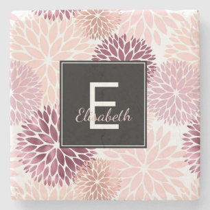 Dessous-de-verre En Pierre Monogramme floral aquarelle rose et vin de Bourgog