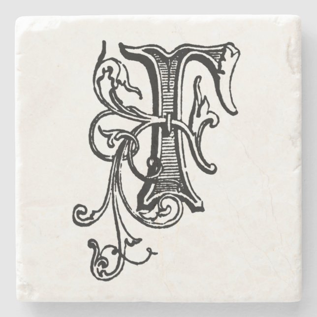 Dessous-de-verre En Pierre Monogramme floral noir 'F' (Devant)