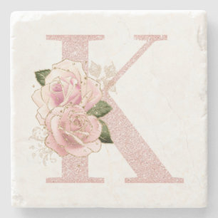 Dessous-de-verre En Pierre Monogramme Floral Pailleté Or Rose Pâle Féminin K