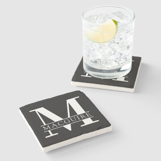 Dessous-de-verre En Pierre Monogramme gras minimal avec nom | Noir (Côté)