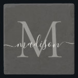 Dessous-de-verre En Pierre Monogramme gris argenté noir Nom du script féminin<br><div class="desc">Élégante ardoise noire moderne Monogramme gris argenté Nom du script féminin Dessous de verre de pierre</div>